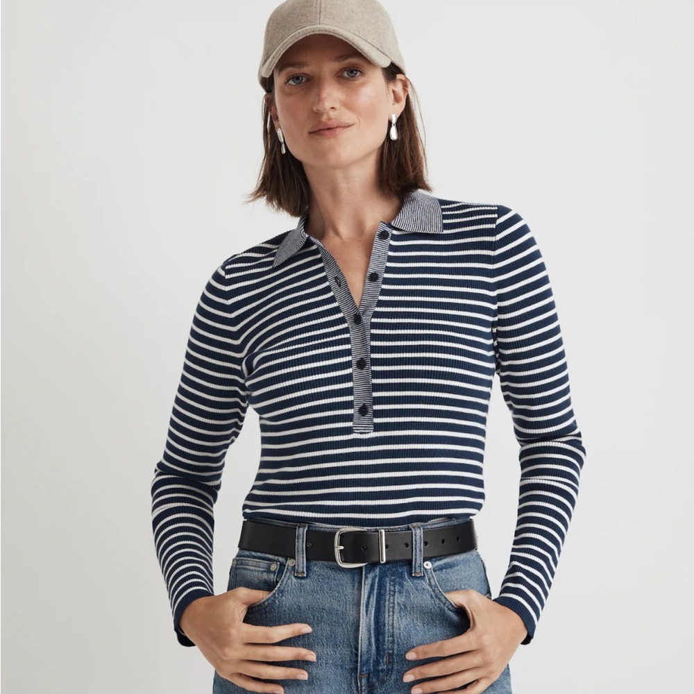 Madewell Signature Knit Polo Sweater Top in Stripe XS